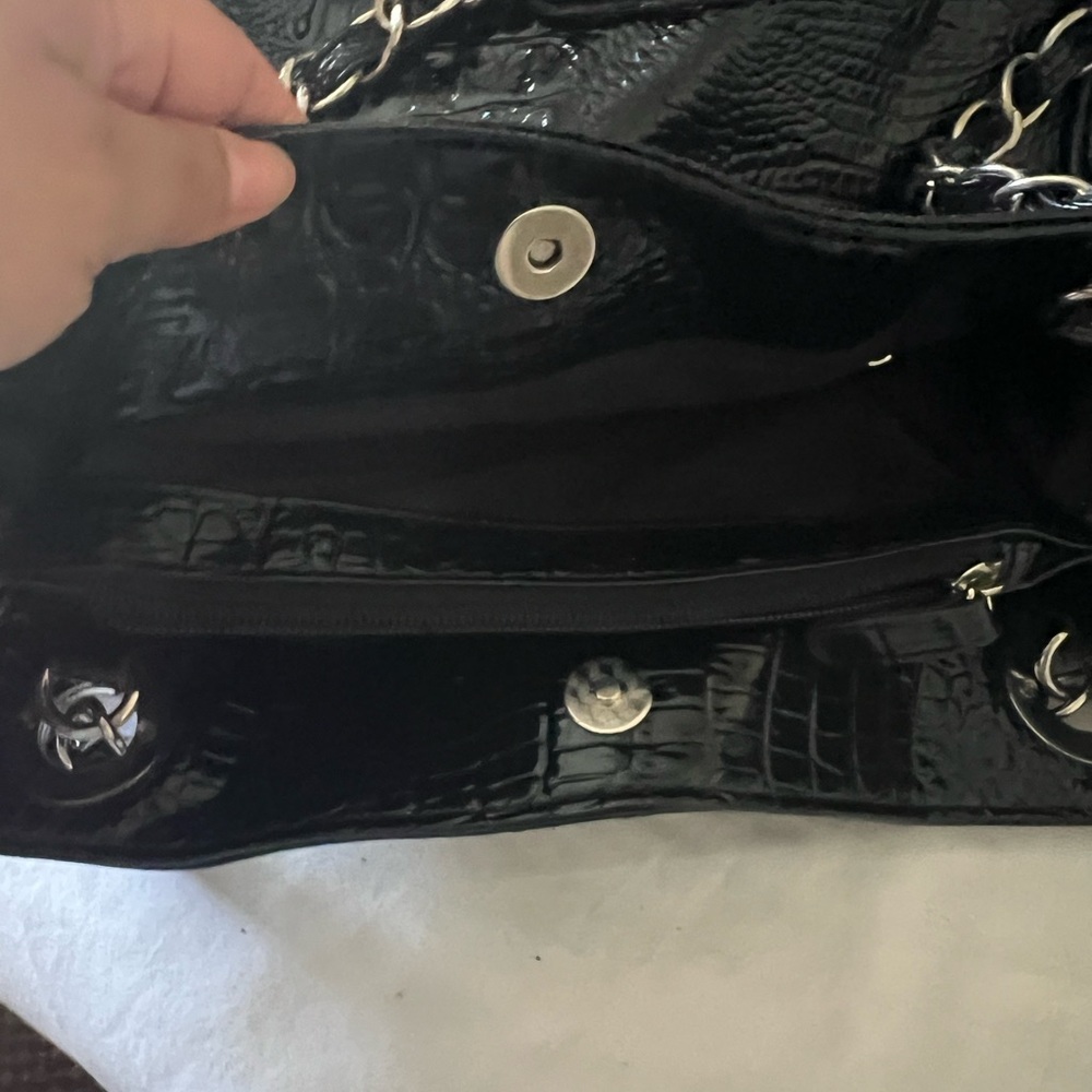 Nicole Miller Glossy Black Croc Shoulder Bag - Picture 4 of 11